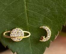 Load image into Gallery viewer, 14ct Gold Plated Cubic Zirconia Mismatched Planet Earrings