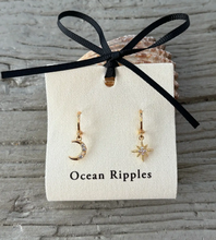 Load image into Gallery viewer, 14ct Gold Plated Mismatched Cubic Zirconia Star and Moon Huggie Earrings