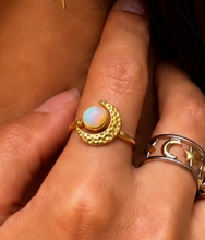 Load image into Gallery viewer, 18ct Gold Plated Opal Crescent Moon Adjustable Ring
