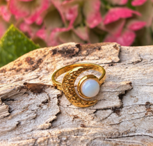 Load image into Gallery viewer, 18ct Gold Plated Opal Crescent Moon Adjustable Ring
