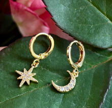 Load image into Gallery viewer, 14ct Gold Plated Mismatched Cubic Zirconia Star and Moon Huggie Earrings
