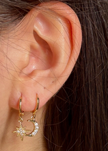 Load image into Gallery viewer, 14ct Gold Plated Mismatched Cubic Zirconia Star and Moon Huggie Earrings
