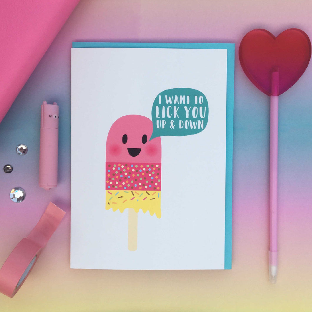 I want to lick you up & down card